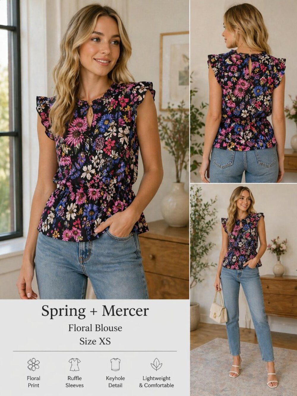 🆕Spring + Mercer Floral Blouse Size XS | Ruffle Sleeve Peplum Top